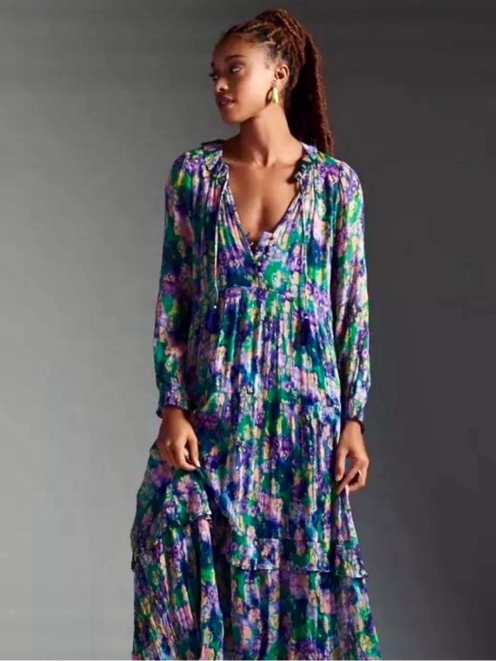 Anthropologie Marais Green and Purple Floral Tiered Maxi Dress size XL - Picture 10 of 15